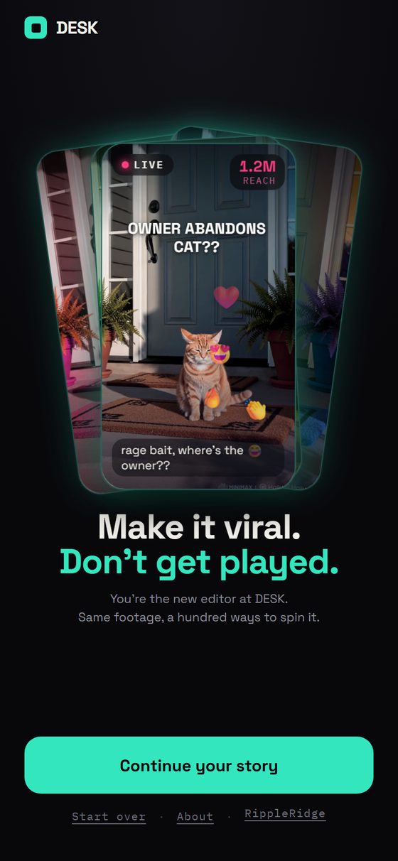 DESK's opening screen: a fanned stack of vertical reels with a LIVE chip, a 1.2M reach counter, the headline "OWNER ABANDONS" typed over a cat on a doorstep, and a viewer comment.