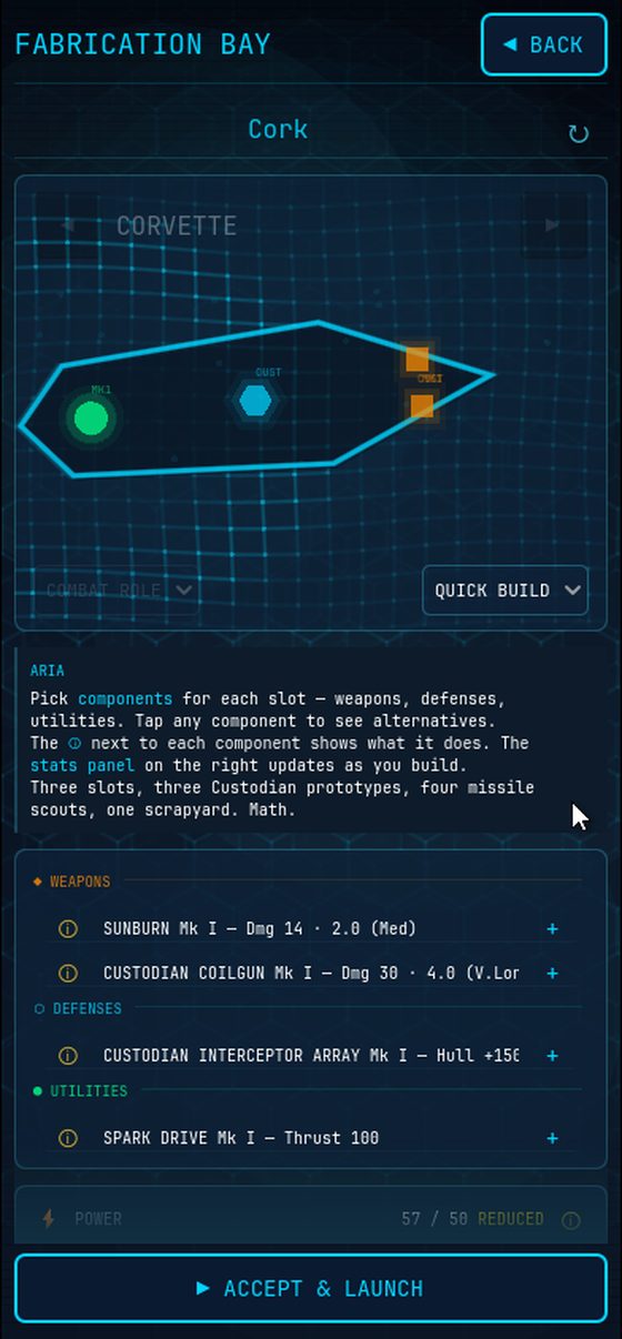 Star Forge's fabrication bay: a corvette hull on a blueprint grid, with weapon, defense and utility components listed below.